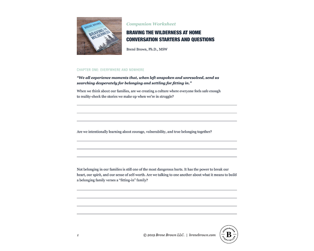 A worksheet of at home conversation starters and questions for Braving the Wilderness